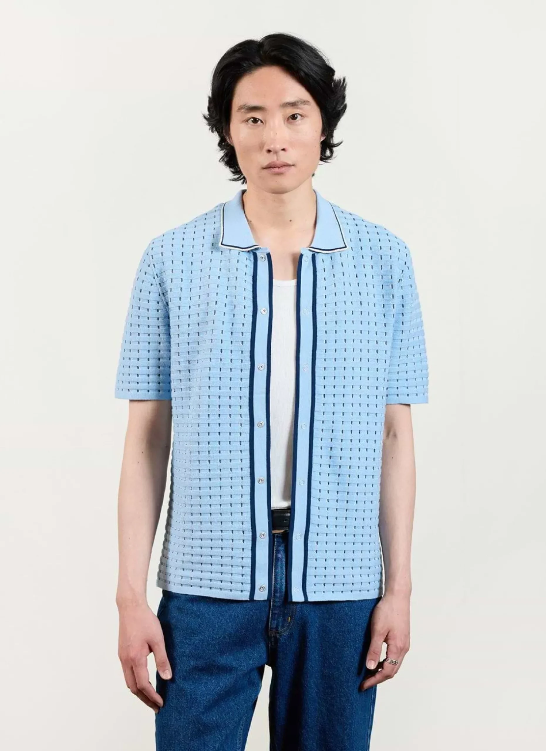 Percival Short Sleeve Shirts|Knitted Shirts^Broken Stripe Knitted Shirt Blue