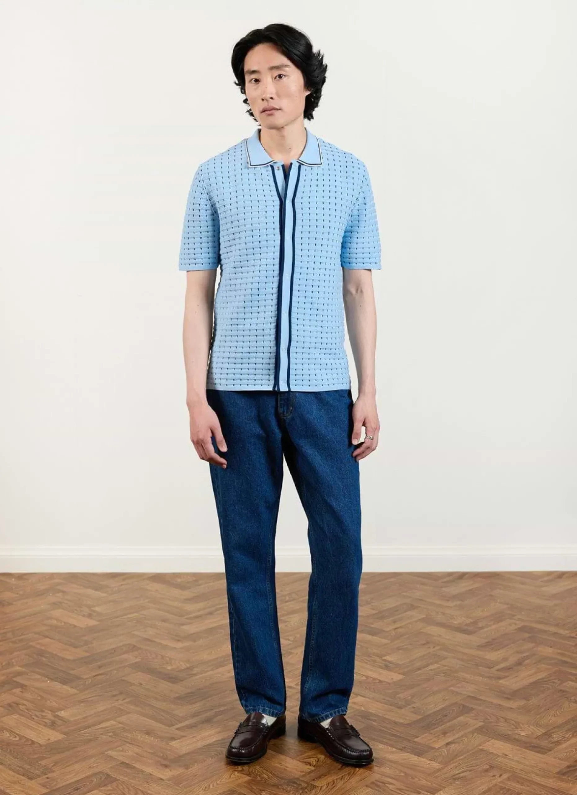 Percival Short Sleeve Shirts|Knitted Shirts^Broken Stripe Knitted Shirt Blue