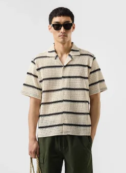 Percival Short Sleeve Shirts|Knitted Shirts^Crochet Groundsman Cuban Shirt Ecru with Black
