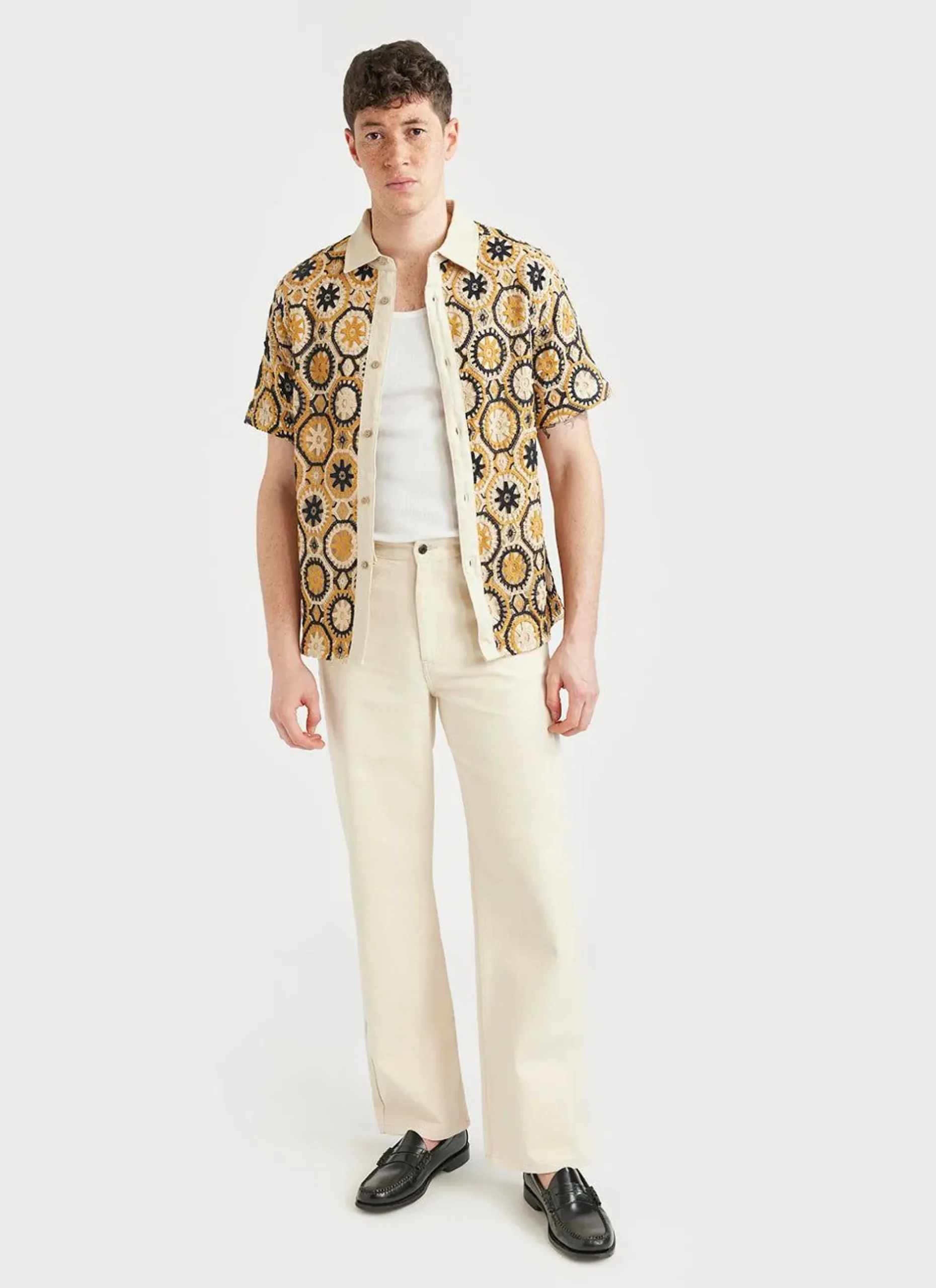 Percival Short Sleeve Shirts|Crochet Shirts^Crochet Short Sleeve Shirt Tan and Black