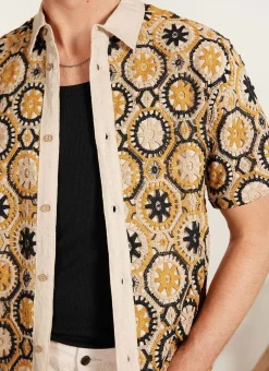 Percival Short Sleeve Shirts|Crochet Shirts^Crochet Short Sleeve Shirt Tan and Black