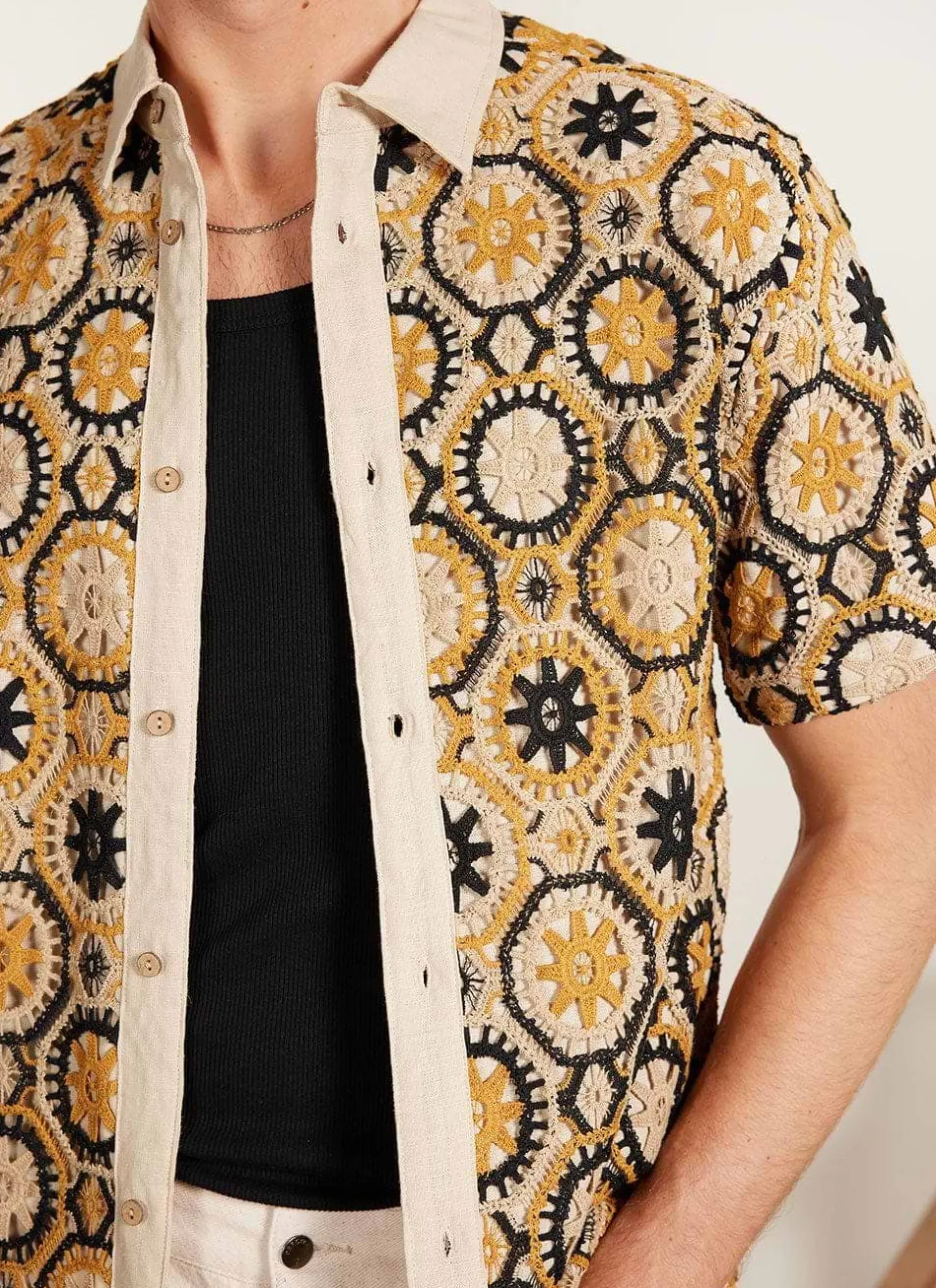 Percival Short Sleeve Shirts|Crochet Shirts^Crochet Short Sleeve Shirt Tan and Black
