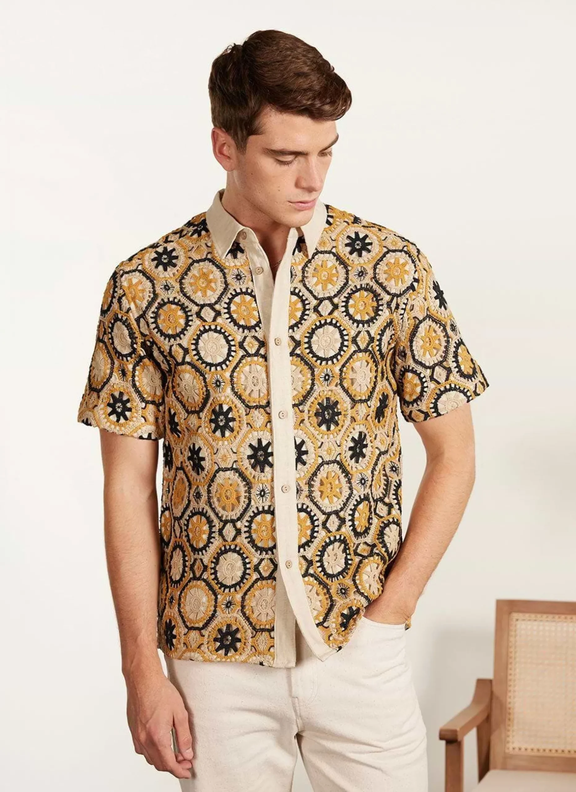 Percival Short Sleeve Shirts|Crochet Shirts^Crochet Short Sleeve Shirt Tan and Black