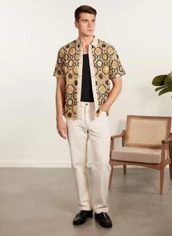 Percival Short Sleeve Shirts|Crochet Shirts^Crochet Short Sleeve Shirt Tan and Black