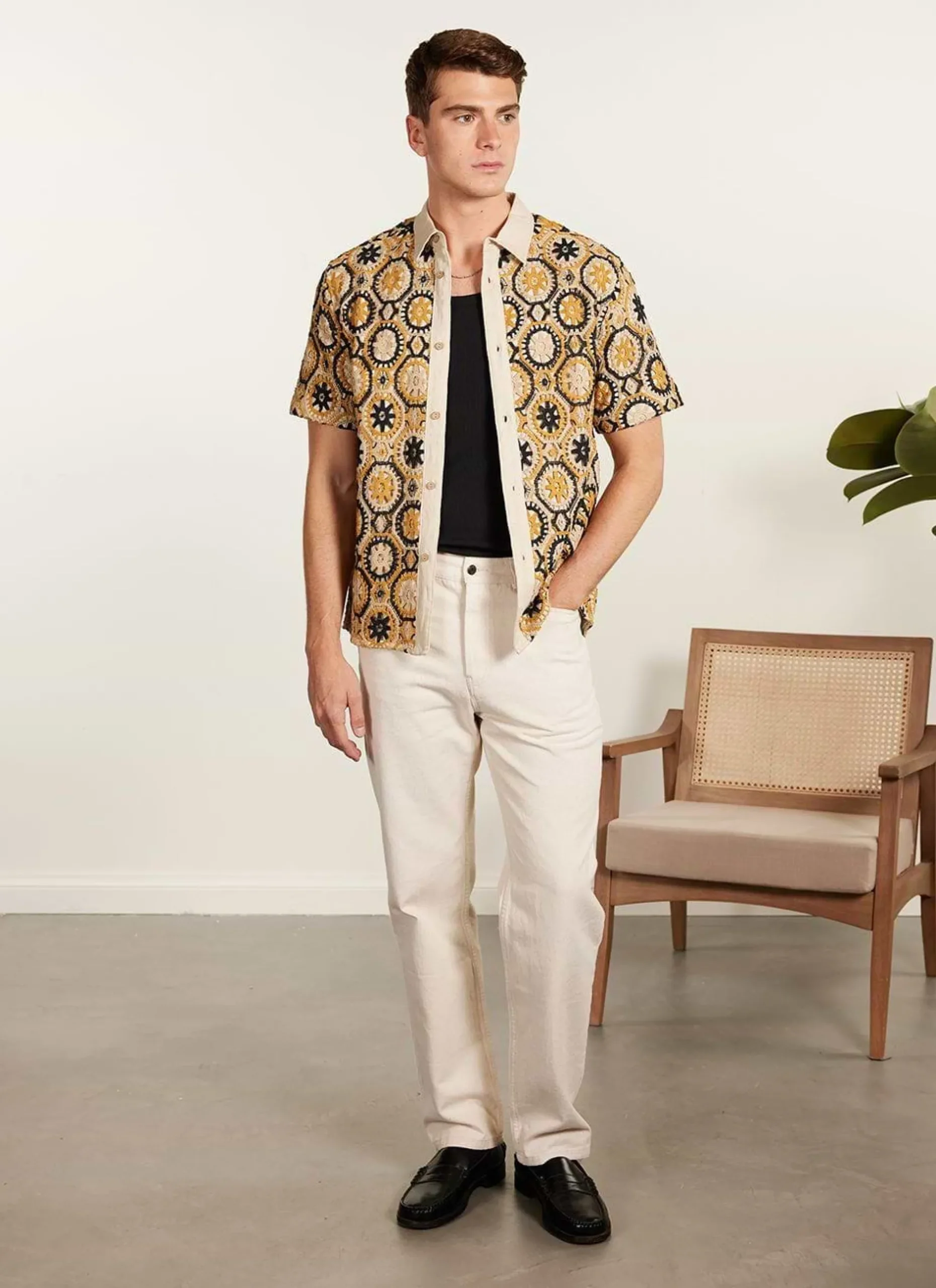 Percival Short Sleeve Shirts|Crochet Shirts^Crochet Short Sleeve Shirt Tan and Black