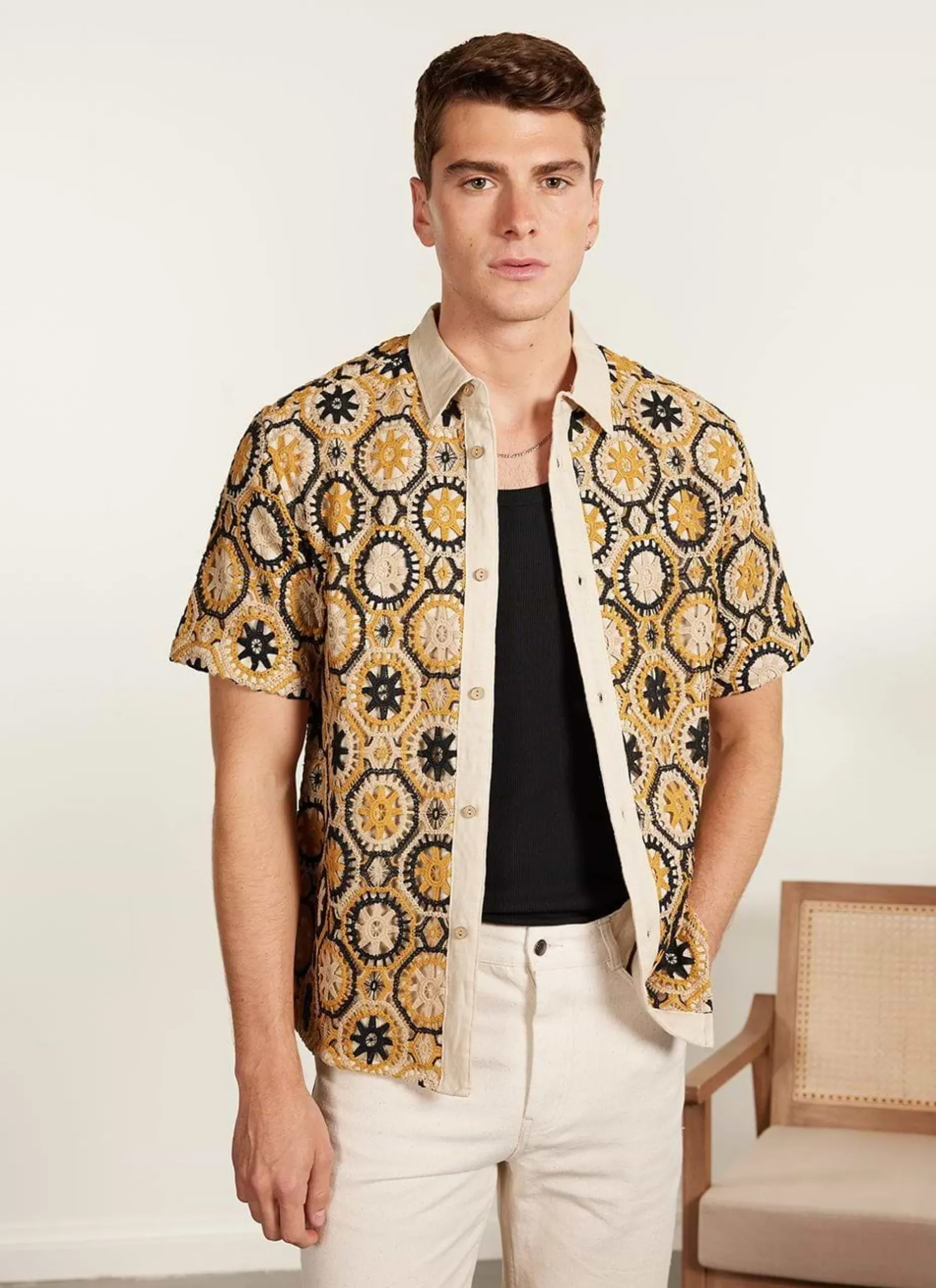 Percival Short Sleeve Shirts|Crochet Shirts^Crochet Short Sleeve Shirt Tan and Black