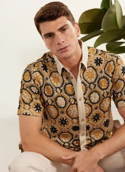 Percival Short Sleeve Shirts|Crochet Shirts^Crochet Short Sleeve Shirt Tan and Black
