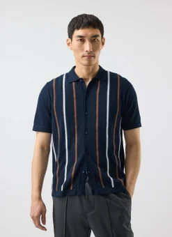 Percival Short Sleeve Shirts|Knitted Shirts^Knitted Cotton Stripe Short Sleeve Shirt Navy