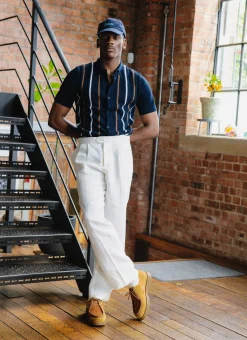 Percival Short Sleeve Shirts|Knitted Shirts^Knitted Cotton Stripe Short Sleeve Shirt Navy