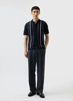 Percival Short Sleeve Shirts|Knitted Shirts^Knitted Cotton Stripe Short Sleeve Shirt Navy
