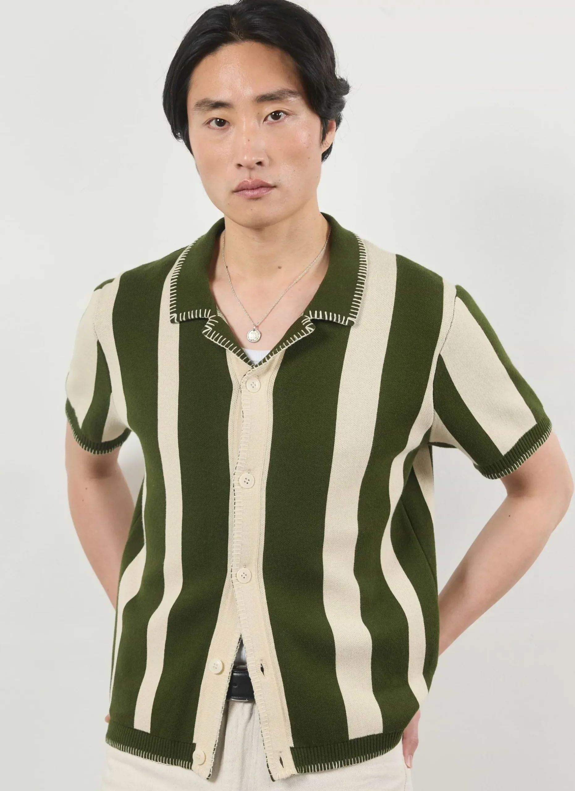 Percival Knitted Shirts|Knitted Polo Shirts & Knitted Shirts^Knitted Stripe Cuban Shirt Green