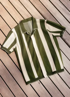 Percival Knitted Shirts|Knitted Polo Shirts & Knitted Shirts^Knitted Stripe Cuban Shirt Green