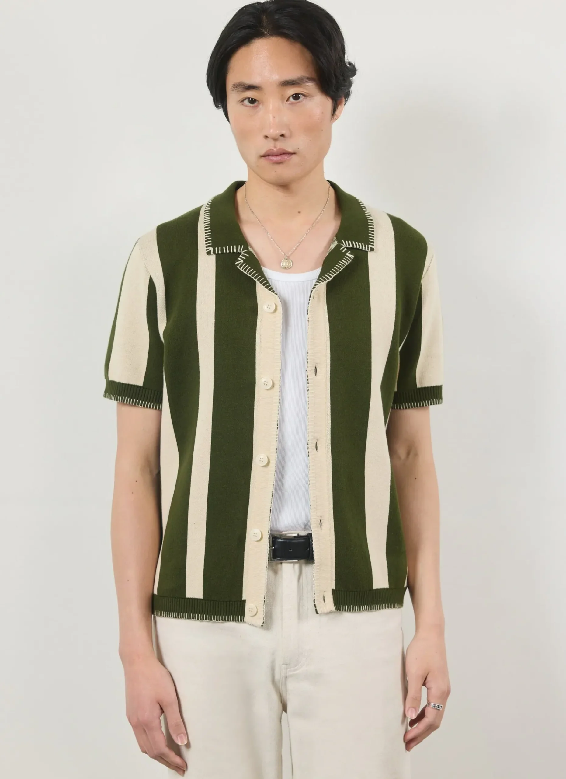 Percival Knitted Shirts|Knitted Polo Shirts & Knitted Shirts^Knitted Stripe Cuban Shirt Green