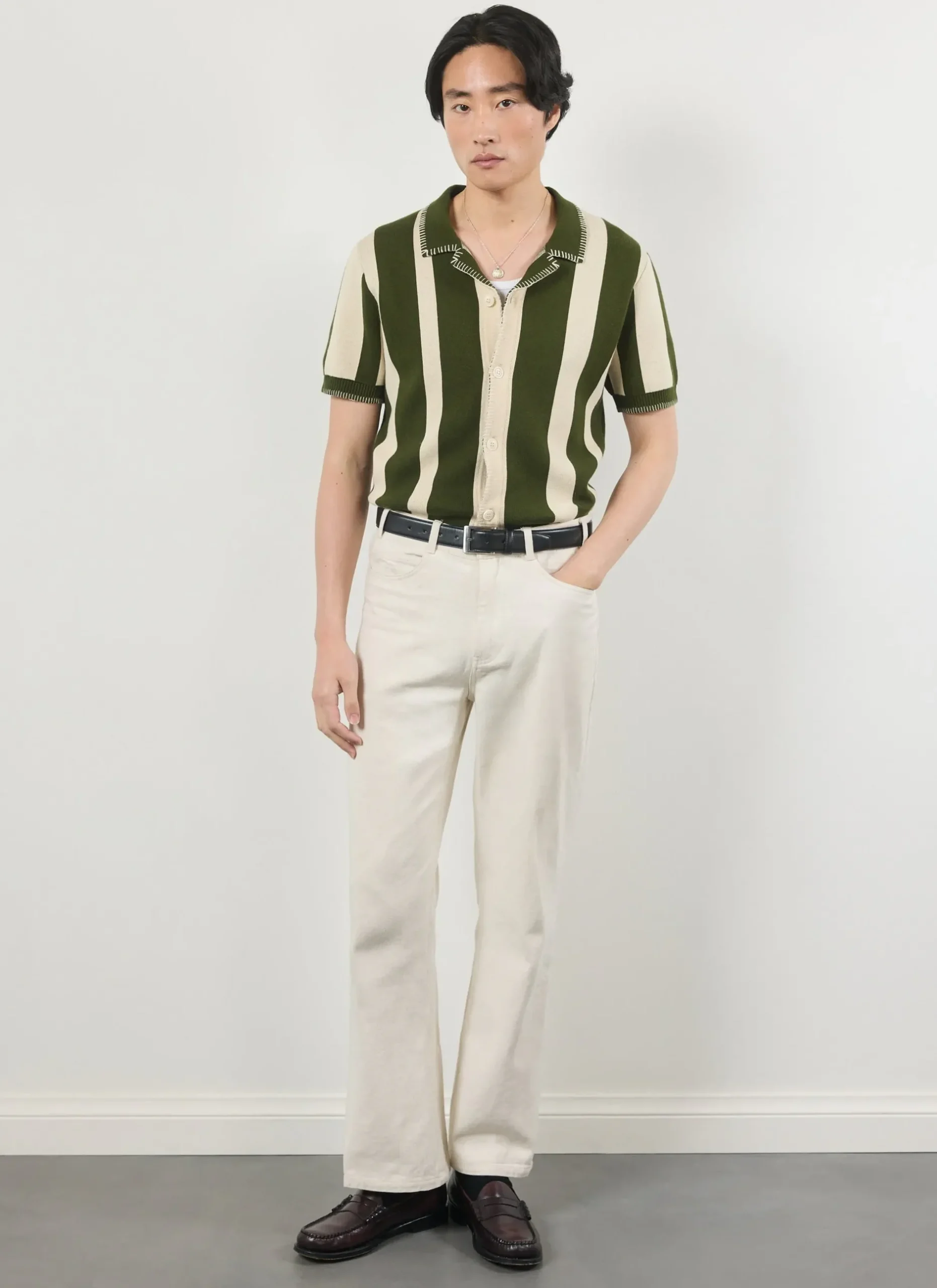 Percival Knitted Shirts|Knitted Polo Shirts & Knitted Shirts^Knitted Stripe Cuban Shirt Green
