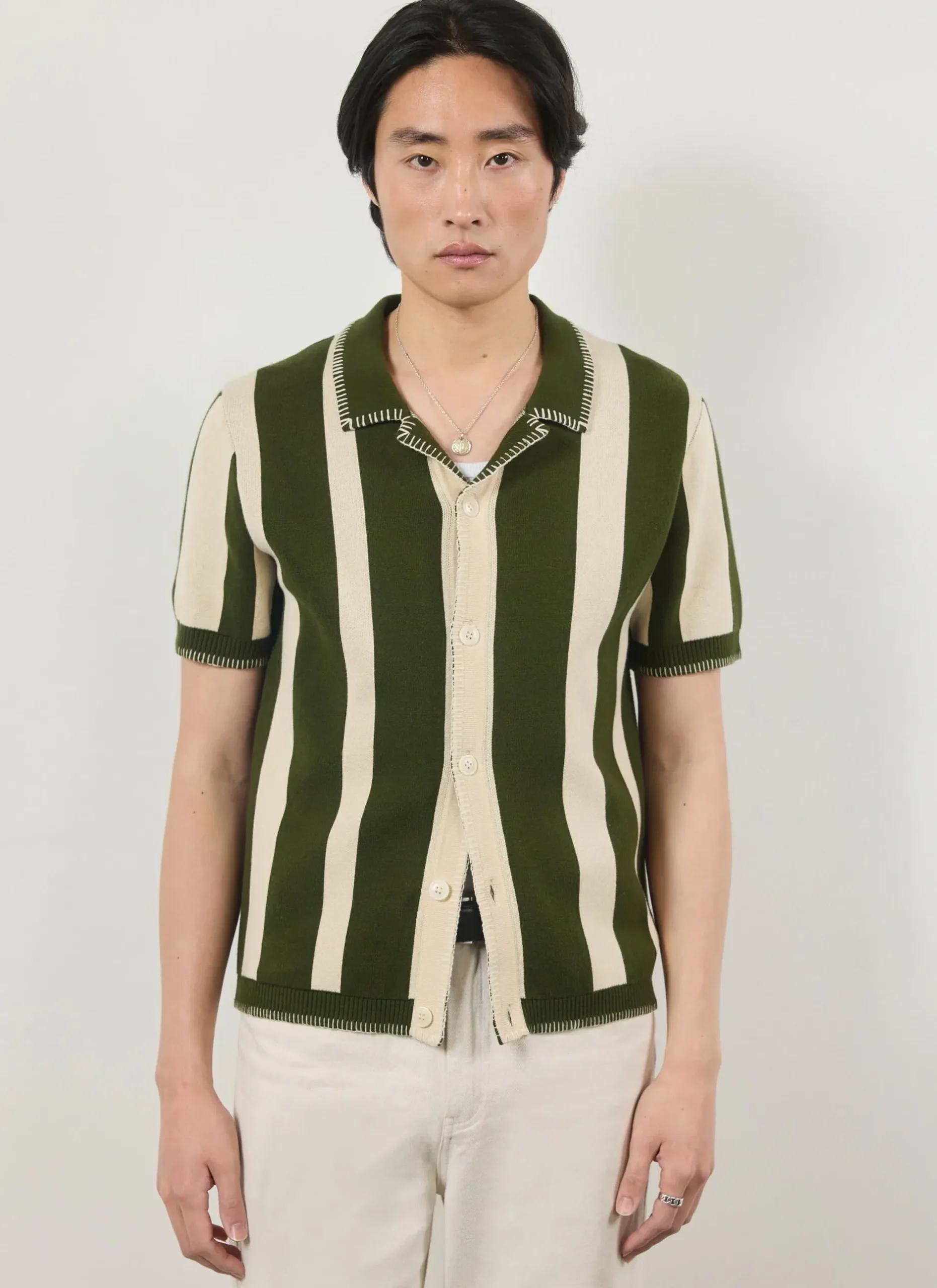 Percival Knitted Shirts|Knitted Polo Shirts & Knitted Shirts^Knitted Stripe Cuban Shirt Green