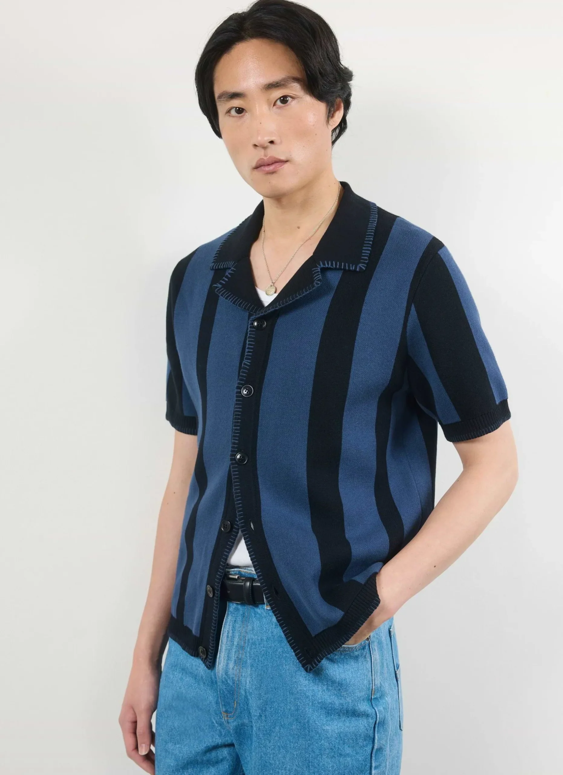 Percival Knitted Shirts|Knitted Polo Shirts & Knitted Shirts^Knitted Stripe Cuban Shirt Navy