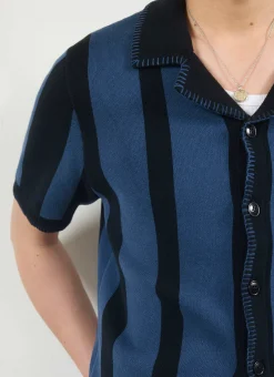 Percival Knitted Shirts|Knitted Polo Shirts & Knitted Shirts^Knitted Stripe Cuban Shirt Navy