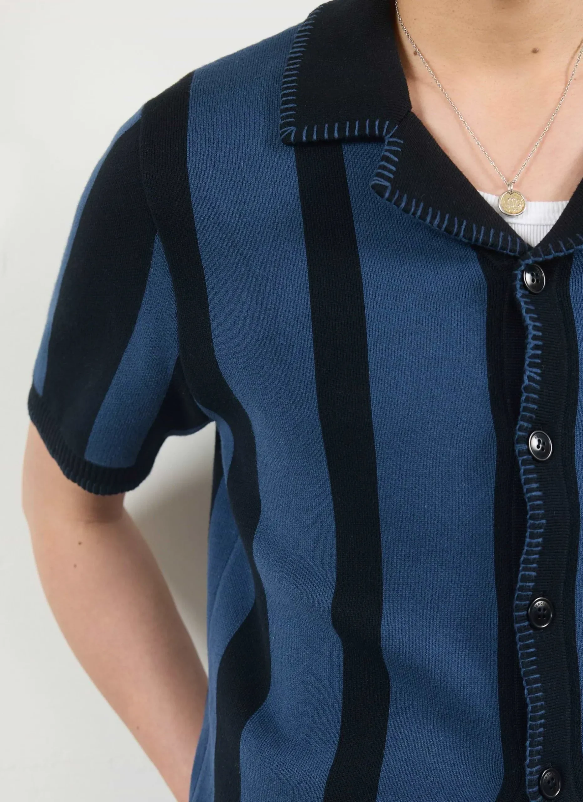 Percival Knitted Shirts|Knitted Polo Shirts & Knitted Shirts^Knitted Stripe Cuban Shirt Navy