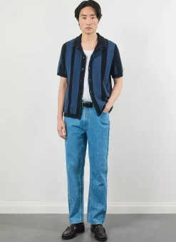 Percival Knitted Shirts|Knitted Polo Shirts & Knitted Shirts^Knitted Stripe Cuban Shirt Navy