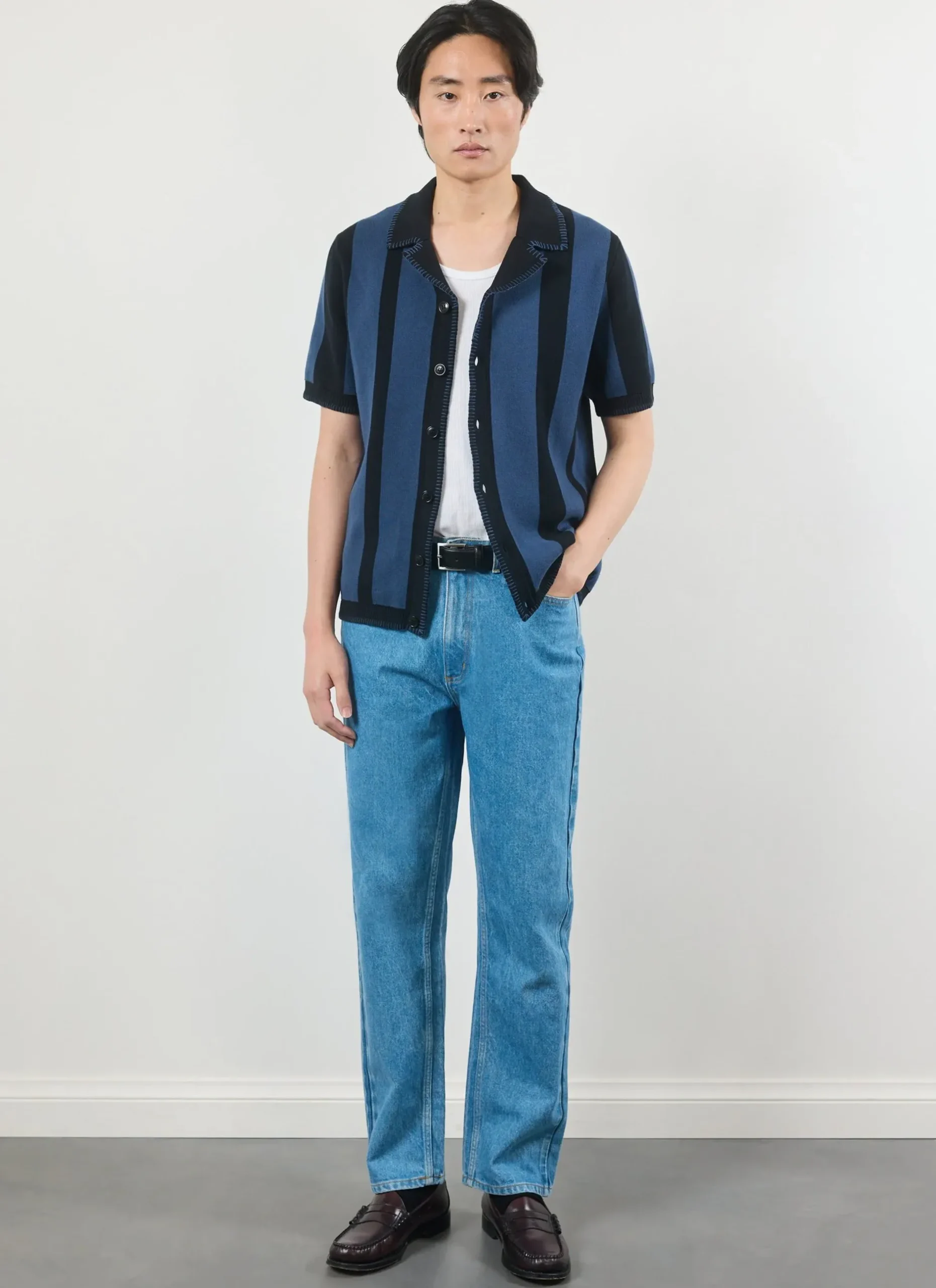 Percival Knitted Shirts|Knitted Polo Shirts & Knitted Shirts^Knitted Stripe Cuban Shirt Navy