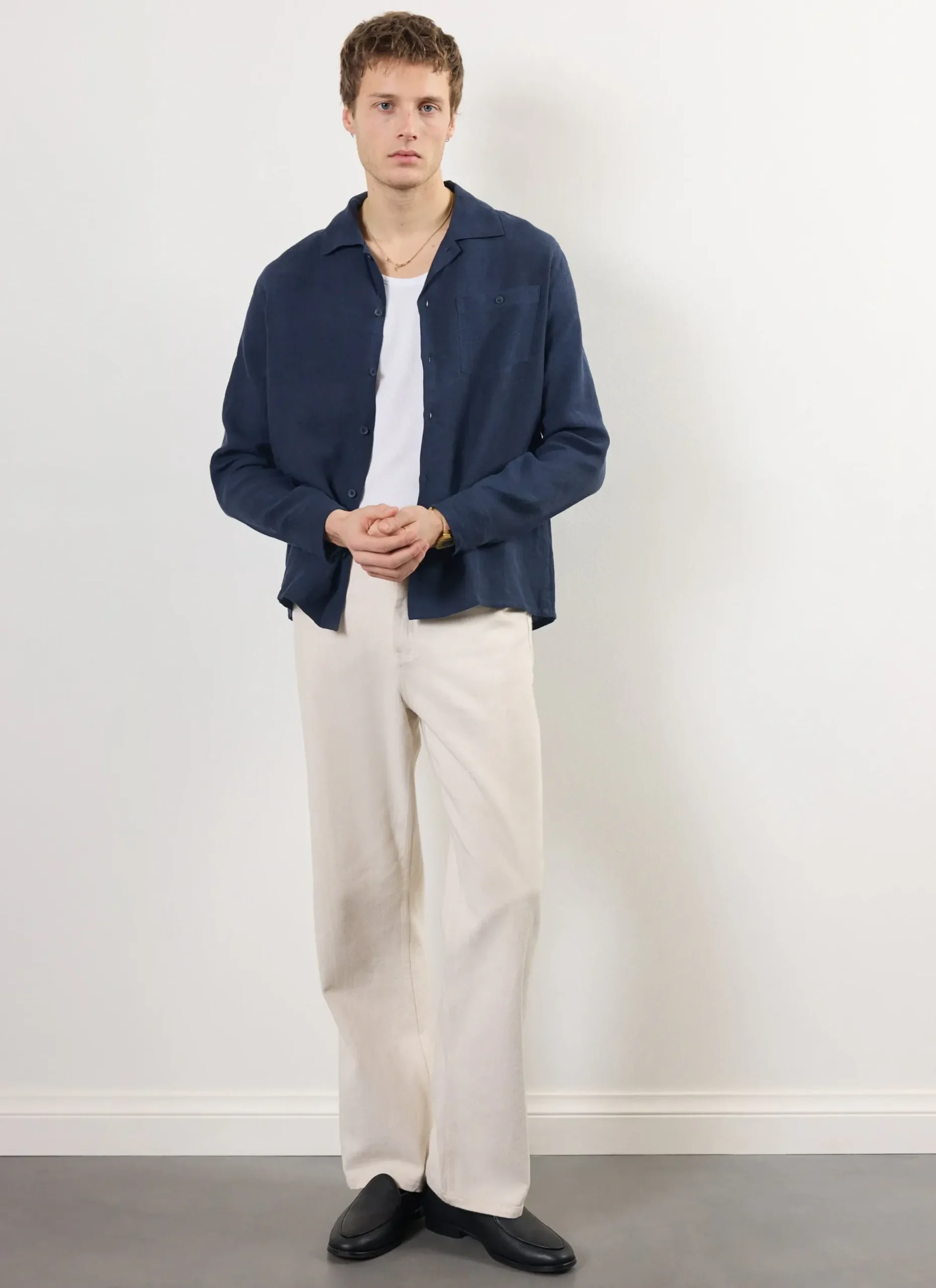 Percival Linen Shirts|Linen Shirts^Long Sleeve Cuban Linen Shirt Navy