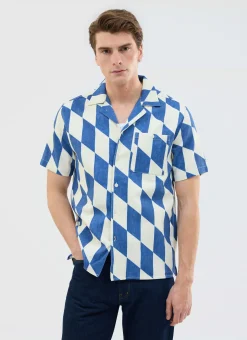 Percival Short Sleeve Shirts^Market Diamond Cuban Shirt Ecru with Navy