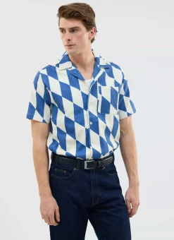 Percival Short Sleeve Shirts^Market Diamond Cuban Shirt Ecru with Navy