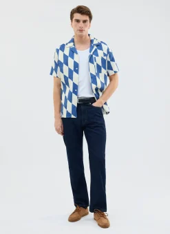 Percival Short Sleeve Shirts^Market Diamond Cuban Shirt Ecru with Navy