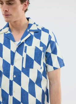 Percival Short Sleeve Shirts^Market Diamond Cuban Shirt Ecru with Navy