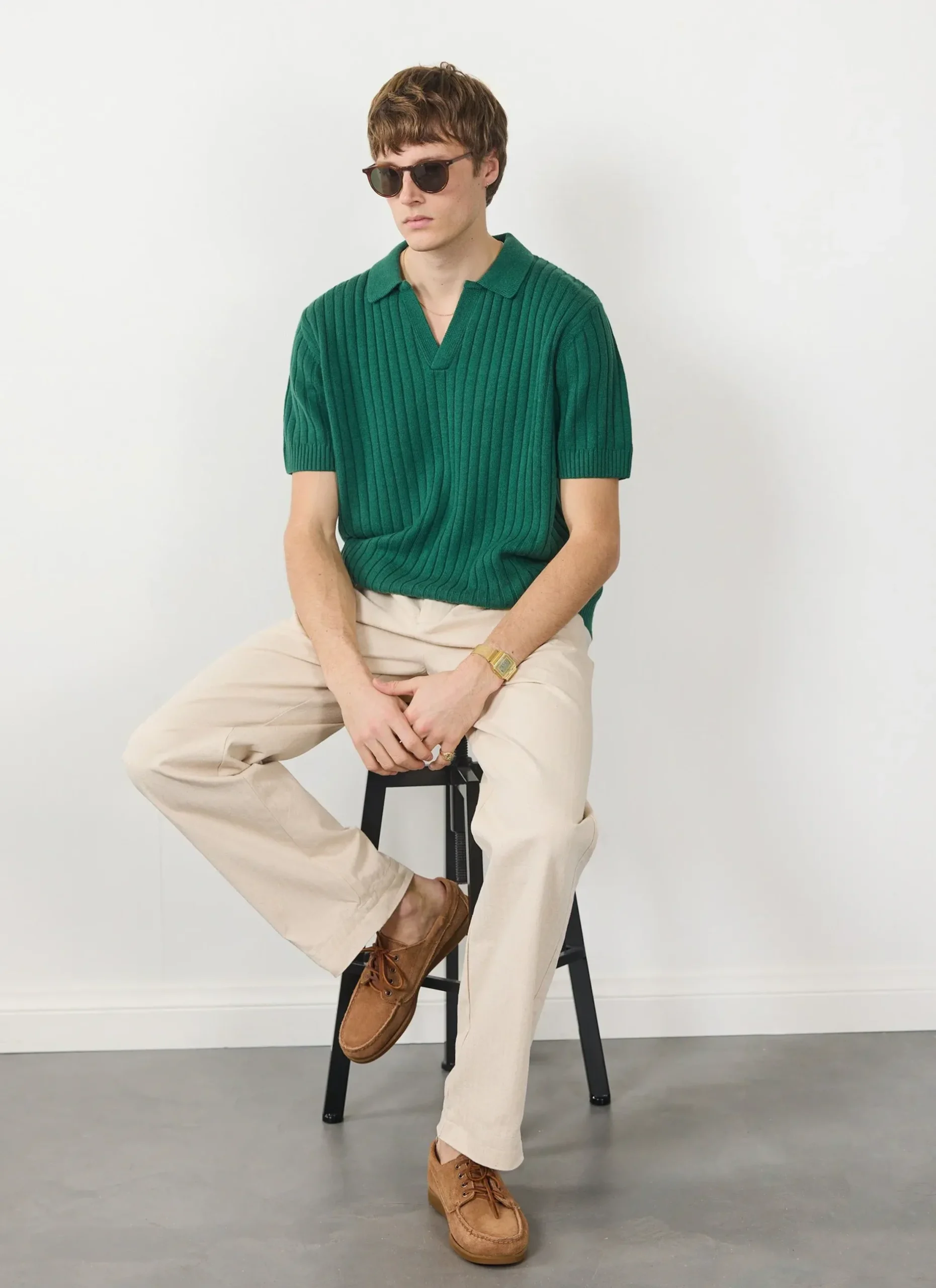 Percival Polo Shirts|Polo Shirts^Open Collar Ribbed Polo Forest