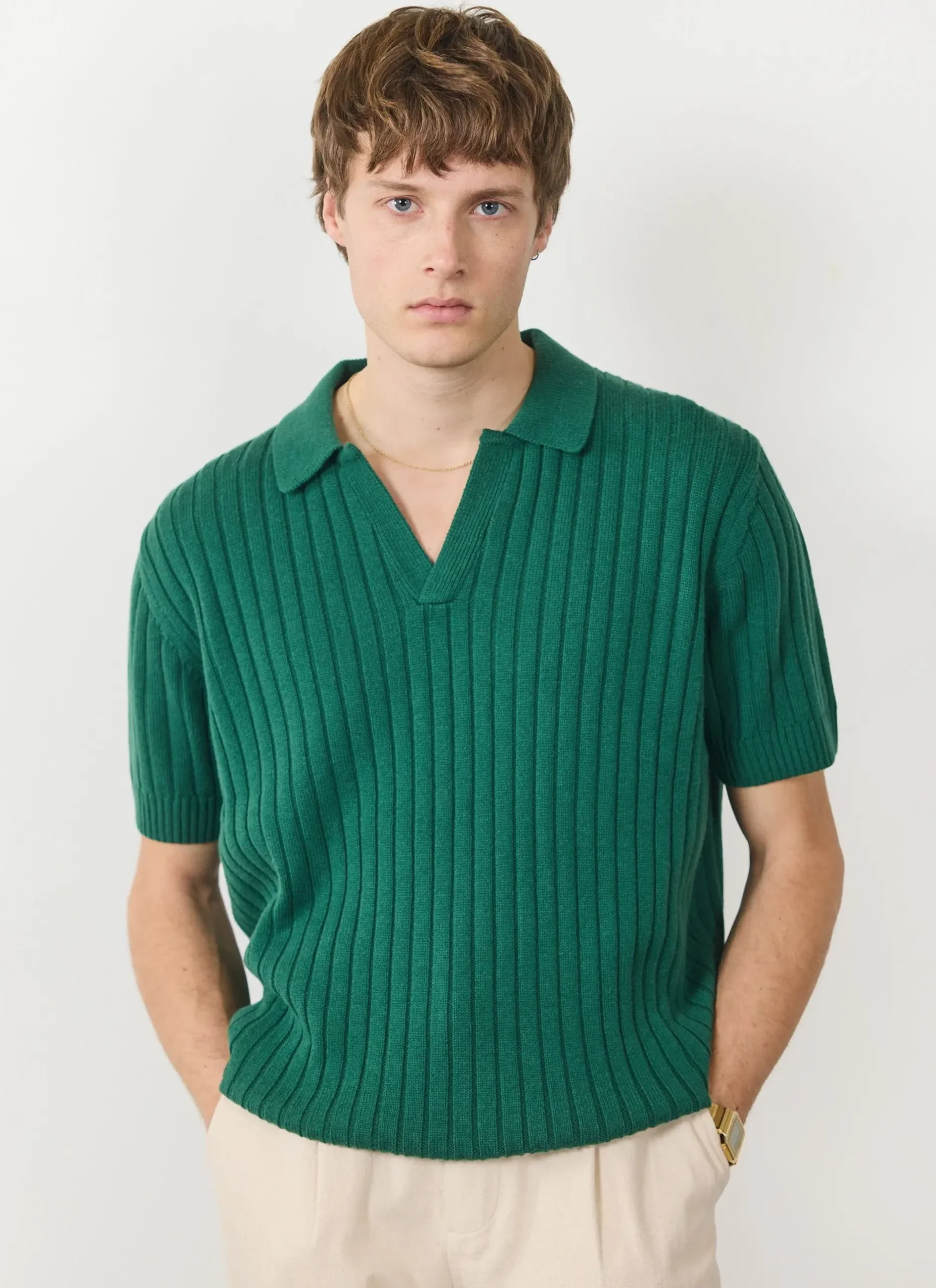 Percival Polo Shirts|Polo Shirts^Open Collar Ribbed Polo Forest